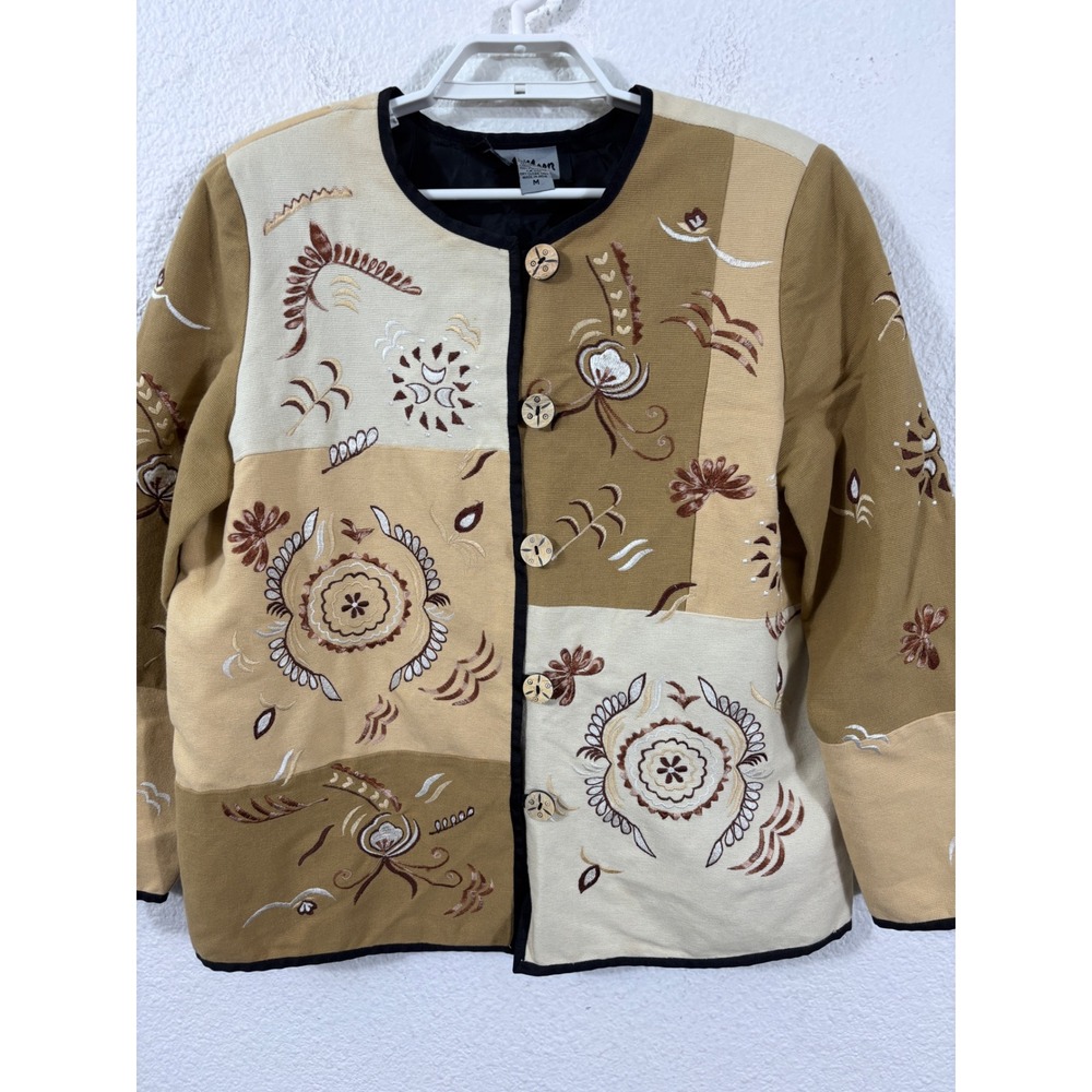 Indigo Moon Jacket Size M Tan Embroidered Patchwork Blazer Oversized Lagenlook